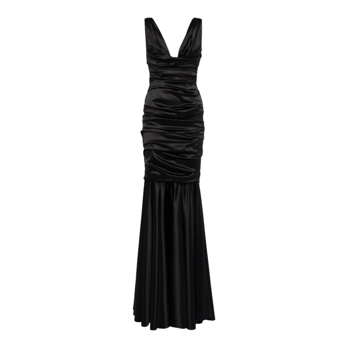 Black satin wedding guest dress