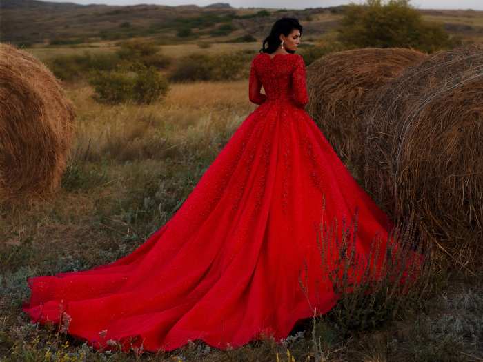 Wedding dress with red roses